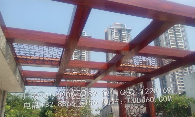 铝合金凉亭露台，木纹方管、木纹雕花板！